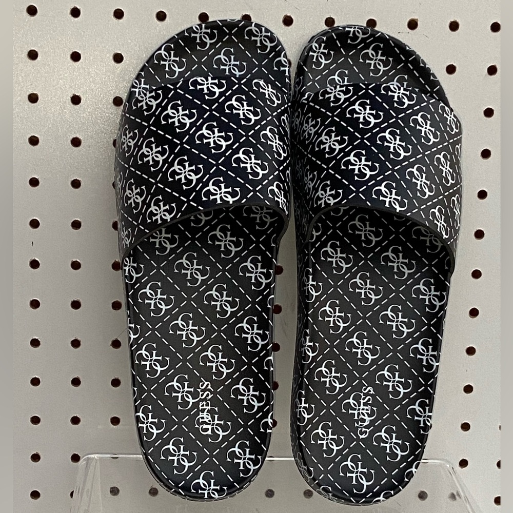 Guess| Black Sandals | Flat Heel Slide  Monogram Logo Slip-on Peep-toe Logs Heel